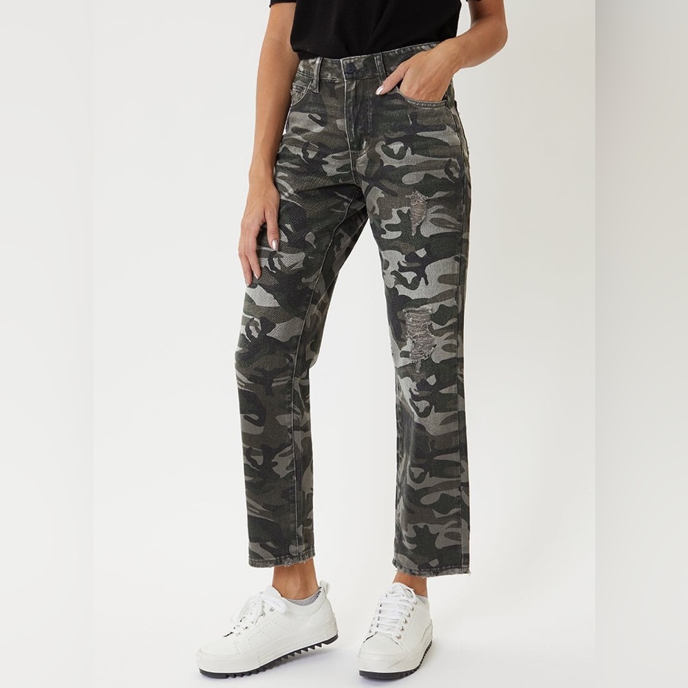 KanCan Benji Green‎ Camouflage High Rise Distressed Boyfriend Denim Jeans